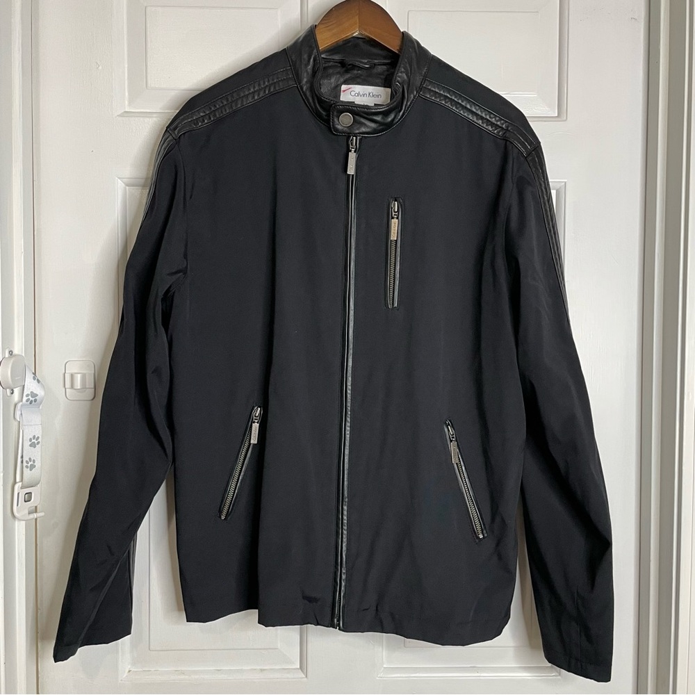 Calvin Klein Men's Black Nylon Leather Trim Jacket Coat Size Large Collarless